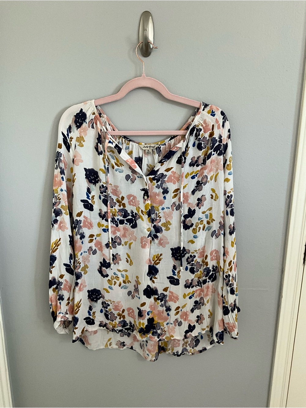 Lucky Brand White Floral Blouse with Pink & Navy Accents
